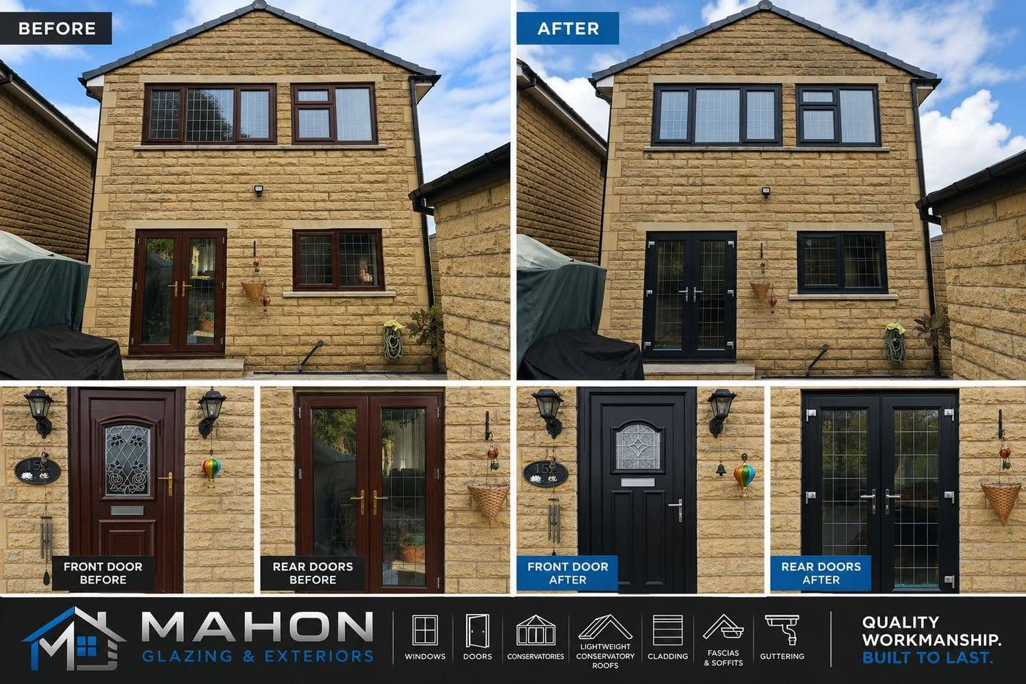 Before and after: full exterior transformation of a stone house with new windows and doors